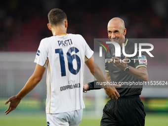 Referee Michael Fabbri officiates the Serie A match between Lecce and Cagliari in Lecce, Italy, on August 31, 2024. (