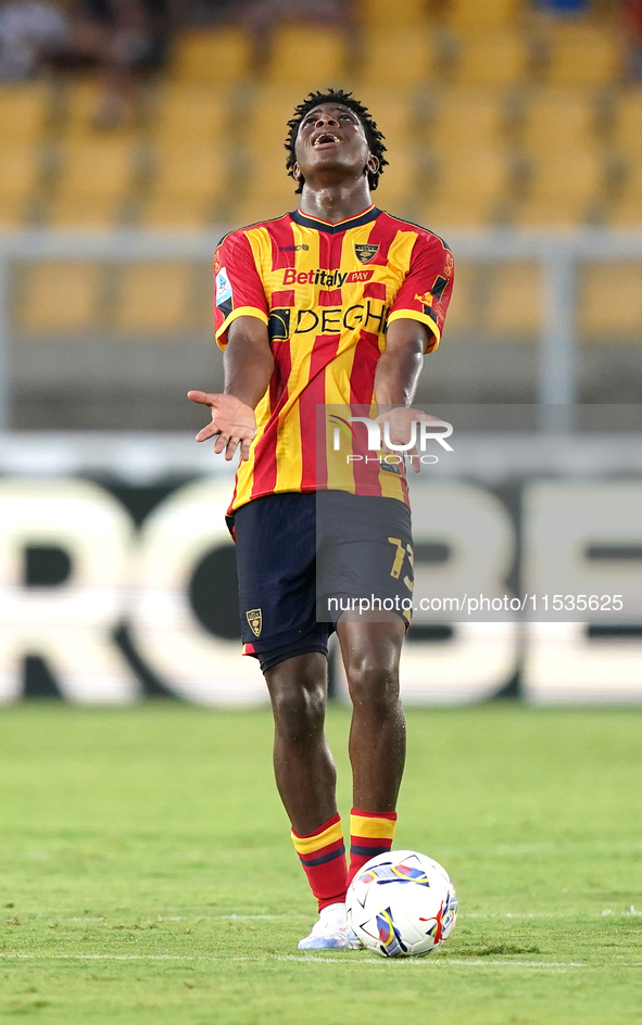 Patrick Dorgu of US Lecce gestures during the Serie A match between Lecce and Cagliari in Lecce, Italy, on August 31, 2024. 