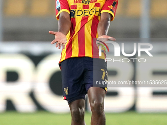 Patrick Dorgu of US Lecce gestures during the Serie A match between Lecce and Cagliari in Lecce, Italy, on August 31, 2024. (