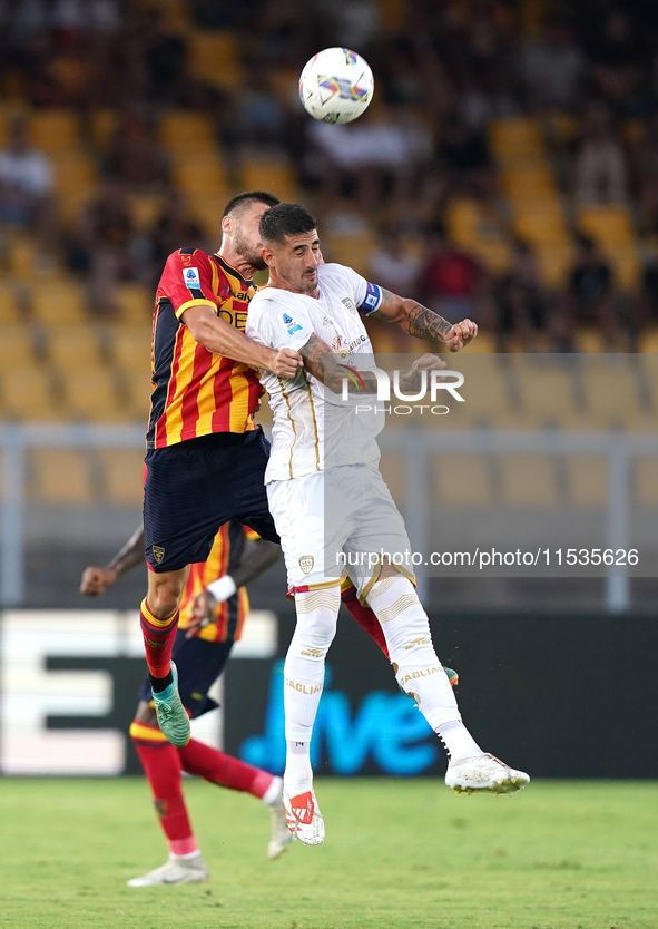 Nikola Krstovic of US Lecce is in action during the Serie A match between Lecce and Cagliari in Lecce, Italy, on August 31, 2024. 