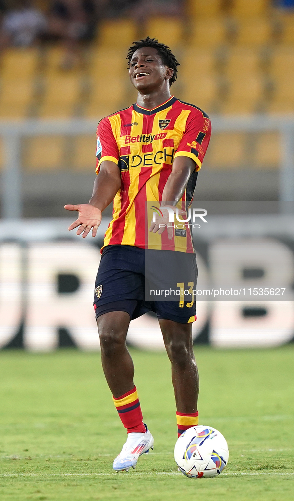 Patrick Dorgu of US Lecce gestures during the Serie A match between Lecce and Cagliari in Lecce, Italy, on August 31, 2024. 