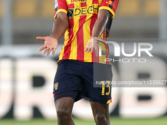 Patrick Dorgu of US Lecce gestures during the Serie A match between Lecce and Cagliari in Lecce, Italy, on August 31, 2024. (