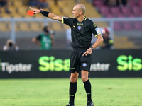 Referee Michael Fabbri officiates the Serie A match between Lecce and Cagliari in Lecce, Italy, on August 31, 2024. (