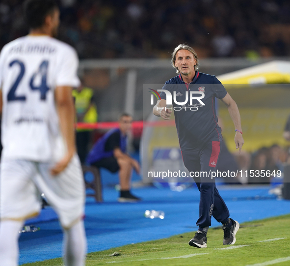 Coach Davide Nicola of Cagliari reacts during the Serie A match between Lecce and Cagliari in Lecce, Italy, on August 31, 2024. 