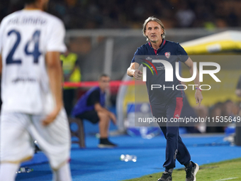 Coach Davide Nicola of Cagliari reacts during the Serie A match between Lecce and Cagliari in Lecce, Italy, on August 31, 2024. (