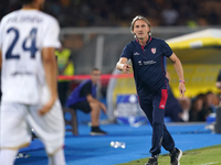 Coach Davide Nicola of Cagliari reacts during the Serie A match between Lecce and Cagliari in Lecce, Italy, on August 31, 2024. (