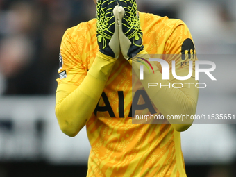 Tottenham Hotspur goalkeeper Guglielmo Vicario shows dejection during the Premier League match between Newcastle United and Tottenham Hotspu...