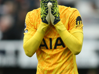 Tottenham Hotspur goalkeeper Guglielmo Vicario shows dejection during the Premier League match between Newcastle United and Tottenham Hotspu...