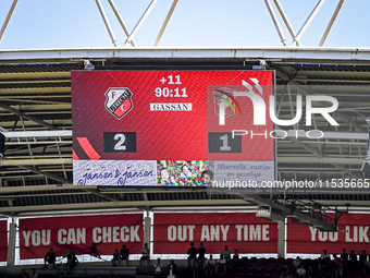 The scoreboard shows eleven minutes of extra time during the match between Utrecht and Twente at Stadium Galgenwaard for the Dutch Eredivisi...