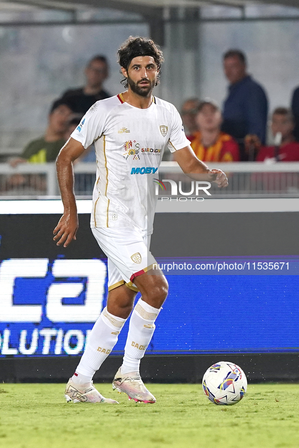 Sebastiano Luperto of Cagliari Calcio is in action during the Serie A match between Lecce and Cagliari in Lecce, Italy, on August 31, 2024. 