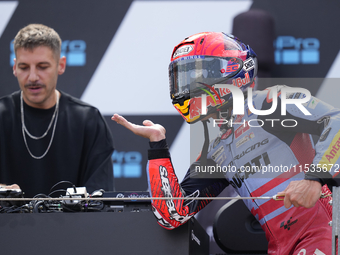 Marc Marquez (93) of Spain and Gresini Racing Moto GP Ducati celebrates victory after the race day of the Gran Premio GoPro de Aragon at Mot...