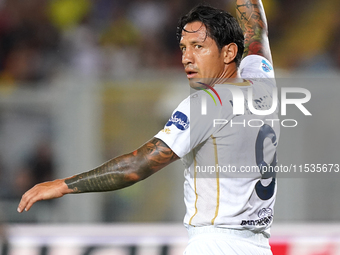 Gianluca Lapadula of Cagliari Calcio is in action during the Serie A match between Lecce and Cagliari in Lecce, Italy, on August 31, 2024. (