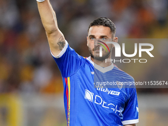 Wladimiro Falcone of US Lecce gestures during the Serie A match between Lecce and Cagliari in Lecce, Italy, on August 31, 2024. (