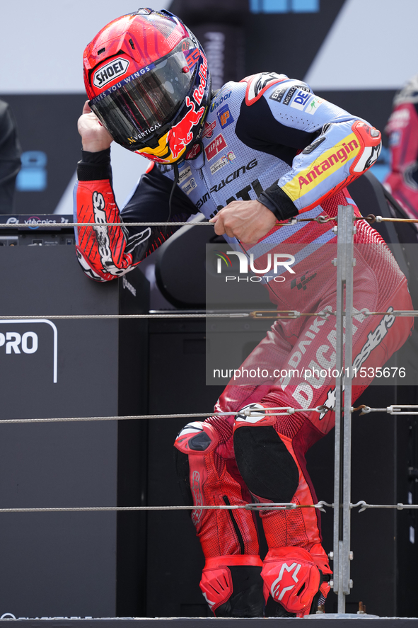 Marc Marquez (93) of Spain and Gresini Racing Moto GP Ducati celebrates victory after the race day of the Gran Premio GoPro de Aragon at Mot...