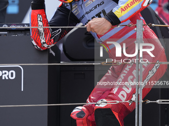 Marc Marquez (93) of Spain and Gresini Racing Moto GP Ducati celebrates victory after the race day of the Gran Premio GoPro de Aragon at Mot...