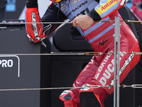 Marc Marquez (93) of Spain and Gresini Racing Moto GP Ducati celebrates victory after the race day of the Gran Premio GoPro de Aragon at Mot...