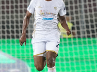 Yerry Mina of Cagliari Calcio is in action during the Serie A match between Lecce and Cagliari in Lecce, Italy, on August 31, 2024. (