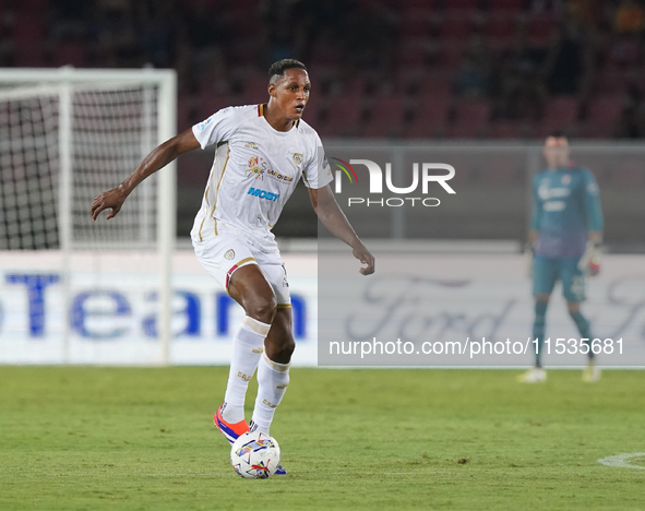 Yerry Mina of Cagliari Calcio is in action during the Serie A match between Lecce and Cagliari in Lecce, Italy, on August 31, 2024. 