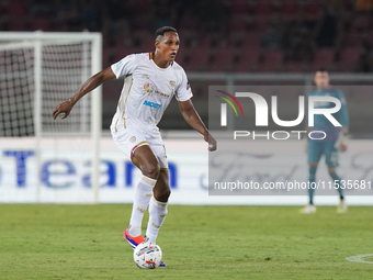 Yerry Mina of Cagliari Calcio is in action during the Serie A match between Lecce and Cagliari in Lecce, Italy, on August 31, 2024. (