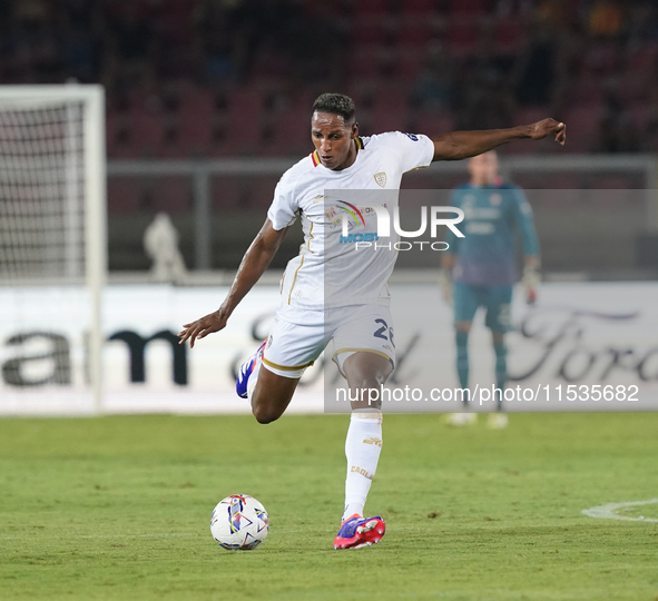 Yerry Mina of Cagliari Calcio is in action during the Serie A match between Lecce and Cagliari in Lecce, Italy, on August 31, 2024. 