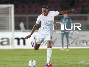 Yerry Mina of Cagliari Calcio is in action during the Serie A match between Lecce and Cagliari in Lecce, Italy, on August 31, 2024. (