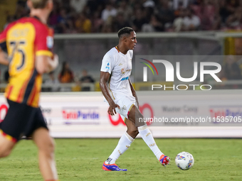 Yerry Mina of Cagliari Calcio is in action during the Serie A match between Lecce and Cagliari in Lecce, Italy, on August 31, 2024. (