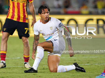 Gianluca Lapadula of Cagliari Calcio is in action during the Serie A match between Lecce and Cagliari in Lecce, Italy, on August 31, 2024. (