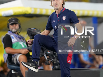 Coach Davide Nicola of Cagliari reacts during the Serie A match between Lecce and Cagliari in Lecce, Italy, on August 31, 2024. (