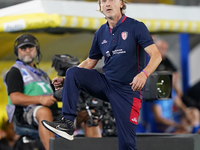 Coach Davide Nicola of Cagliari reacts during the Serie A match between Lecce and Cagliari in Lecce, Italy, on August 31, 2024. (