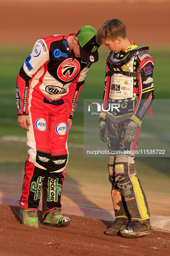 William Cairns (Reserve) of Belle Vue 'Cool Running' Colts and Seth Norman during the WSRA National Development League match between Belle V...