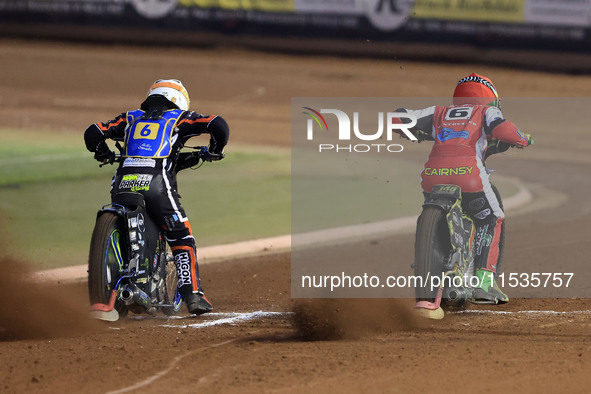 Mark Parker of Edinburgh Monarchs Academy and William Cairns (Reserve) of Belle Vue 'Cool Running' Colts during the WSRA National Developmen...