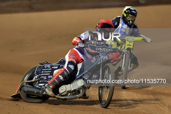 Freddy Hodder of Belle Vue 'Cool Running' Colts leads Max Perry of Edinburgh Monarchs Academy during the WSRA National Development League ma...