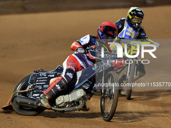 Freddy Hodder of Belle Vue 'Cool Running' Colts leads Max Perry of Edinburgh Monarchs Academy during the WSRA National Development League ma...