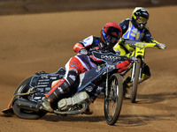 Freddy Hodder of Belle Vue 'Cool Running' Colts leads Max Perry of Edinburgh Monarchs Academy during the WSRA National Development League ma...