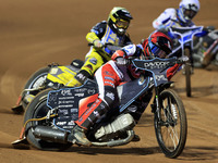 Freddy Hodder of Belle Vue 'Cool Running' Colts leads Max Perry of Edinburgh Monarchs Academy during the WSRA National Development League ma...