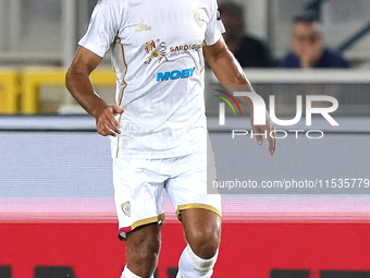 Sebastiano Luperto of Cagliari Calcio is in action during the Serie A match between Lecce and Cagliari in Lecce, Italy, on August 31, 2024....