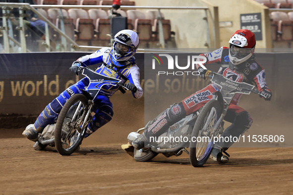 Jack Shimelt of Belle Vue 'Cool Running' Colts tussles with Sam McGurk of Edinburgh Monarchs Academy during the WSRA National Development Le...