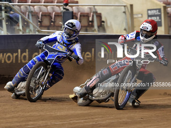 Jack Shimelt of Belle Vue 'Cool Running' Colts tussles with Sam McGurk of Edinburgh Monarchs Academy during the WSRA National Development Le...