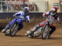 Jack Shimelt of Belle Vue 'Cool Running' Colts tussles with Sam McGurk of Edinburgh Monarchs Academy during the WSRA National Development Le...