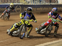 Dayle Wood of Edinburgh Monarchs Academy tussles with William Cairns (Reserve) of Belle Vue 'Cool Running' Colts during the WSRA National De...