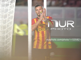 Frederic Gilbert of US Lecce gestures during the Serie A match between Lecce and Cagliari in Lecce, Italy, on August 31, 2024. (