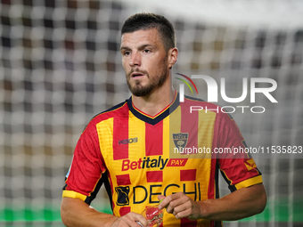 Frederic Gilbert of US Lecce gestures during the Serie A match between Lecce and Cagliari in Lecce, Italy, on August 31, 2024. (