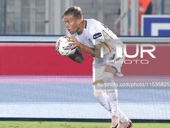 Mattia Felici of Cagliari Calcio is in action during the Serie A match between Lecce and Cagliari in Lecce, Italy, on August 31, 2024. (