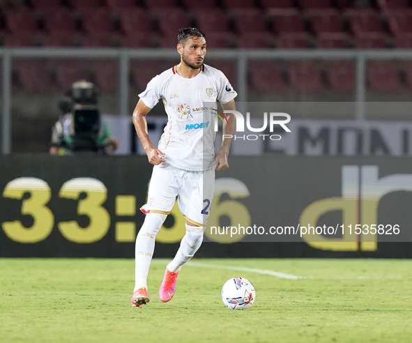 Jose Luis Palomino of Cagliari Calcio is in action during the Serie A match between Lecce and Cagliari in Lecce, Italy, on August 31, 2024. 