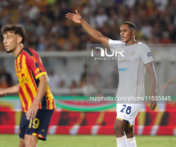 Yerry Mina of Cagliari Calcio is in action during the Serie A match between Lecce and Cagliari in Lecce, Italy, on August 31, 2024. 