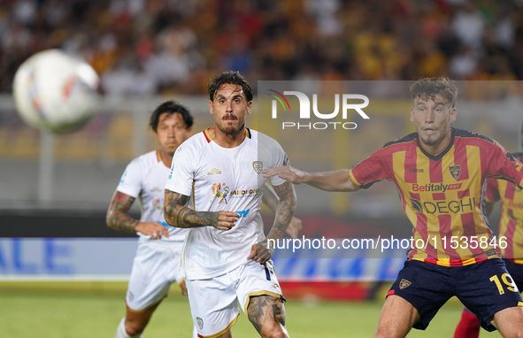 Nicolas Viola of Cagliari Calcio is in action during the Serie A match between Lecce and Cagliari in Lecce, Italy, on August 31, 2024. 