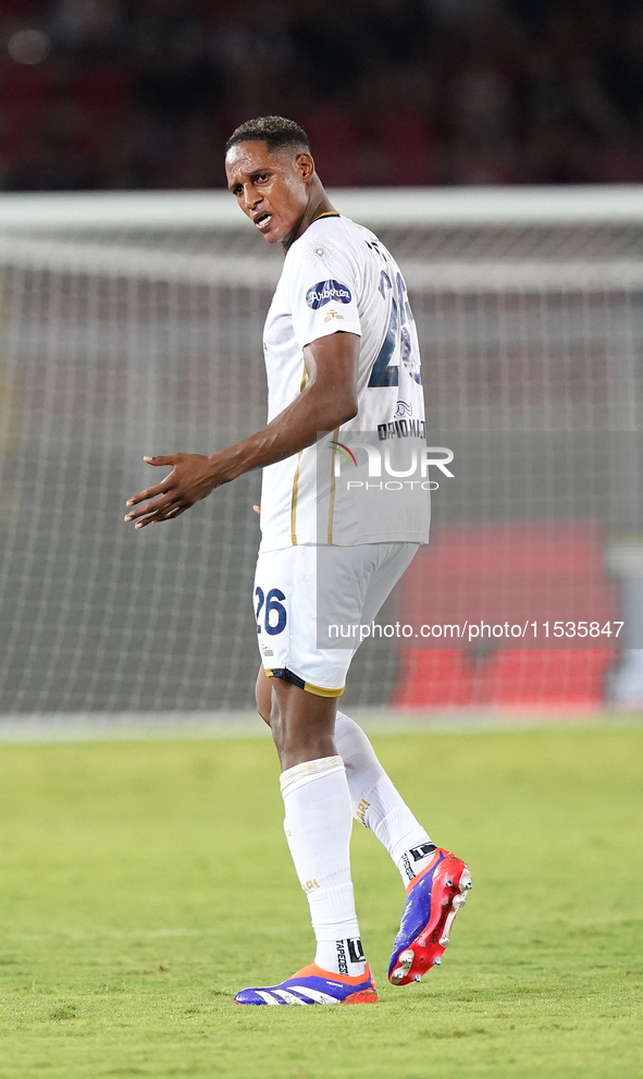 Yerry Mina of Cagliari Calcio is in action during the Serie A match between Lecce and Cagliari in Lecce, Italy, on August 31, 2024. 