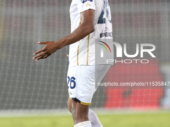 Yerry Mina of Cagliari Calcio is in action during the Serie A match between Lecce and Cagliari in Lecce, Italy, on August 31, 2024. (