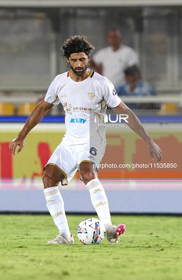 Sebastiano Luperto of Cagliari Calcio is in action during the Serie A match between Lecce and Cagliari in Lecce, Italy, on August 31, 2024. 