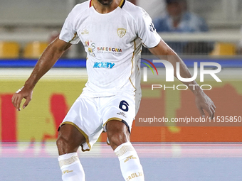 Sebastiano Luperto of Cagliari Calcio is in action during the Serie A match between Lecce and Cagliari in Lecce, Italy, on August 31, 2024....